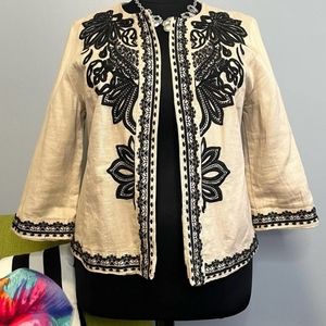 Chicos Tan Black Embroidered Linen Open Jacket 3 XL